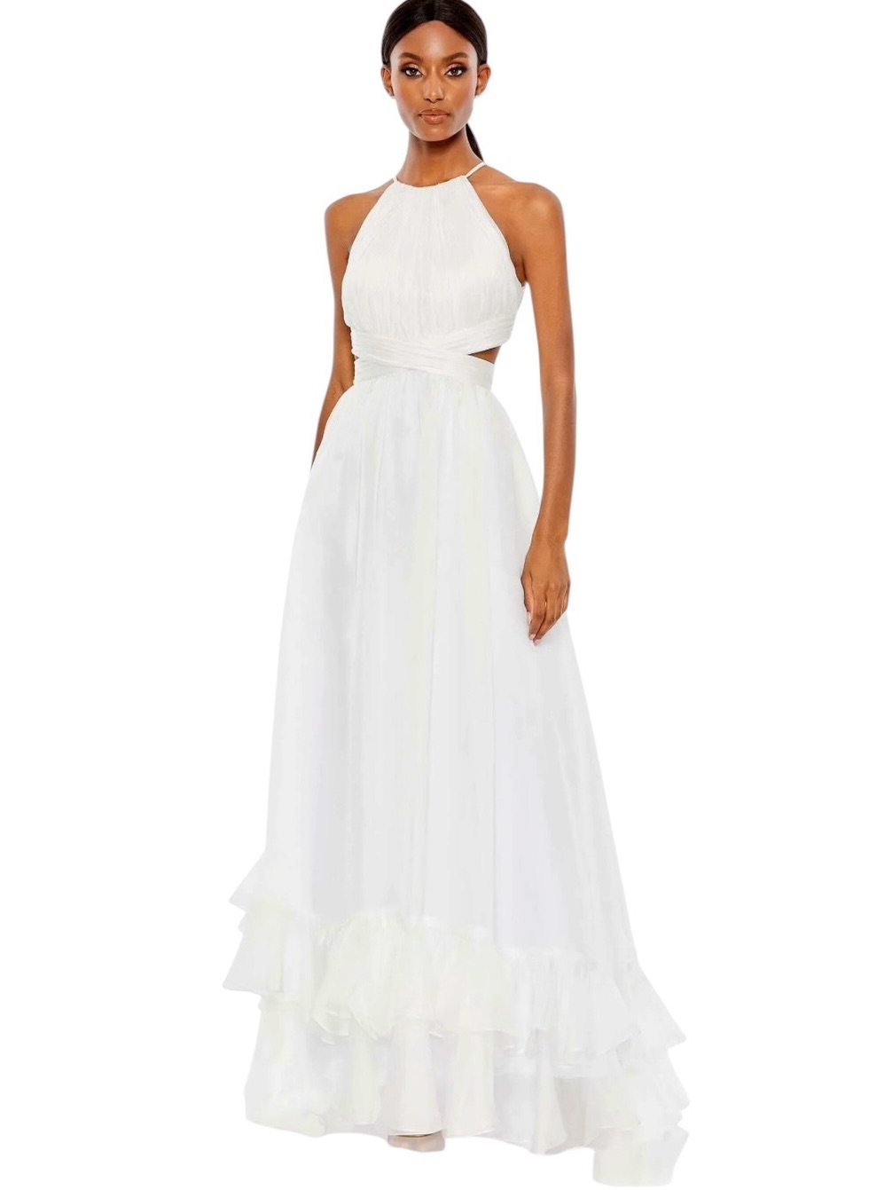 Mac Duggal White Pleated Chiffon Ruffle Halter Neck Gown 49530| 6